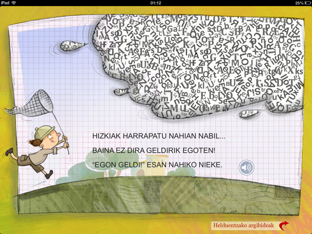 Imagen de la versión para iPad del cuento sobre la dislexia en euskera.